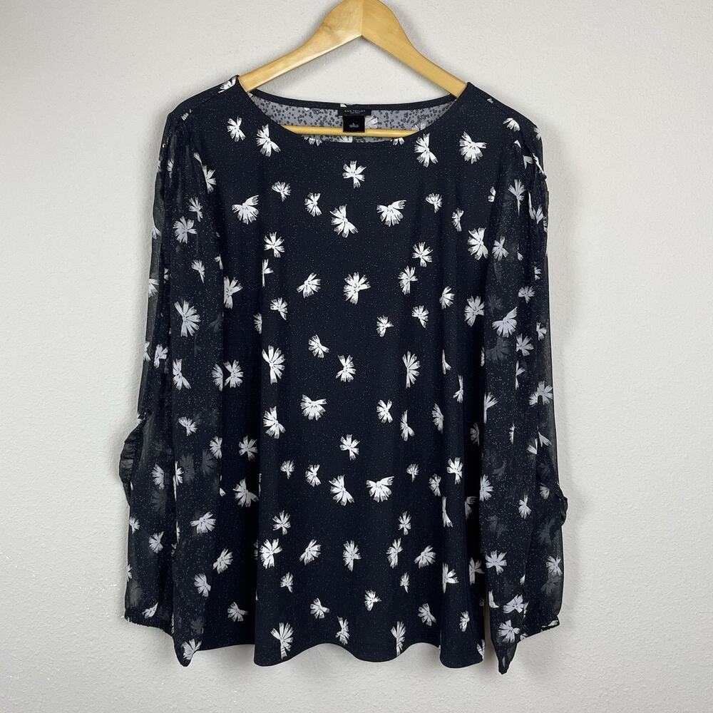 Ann‎ Taylor Factory Sheer Ruffle Blouse Black White Print Size L Whimsigoth